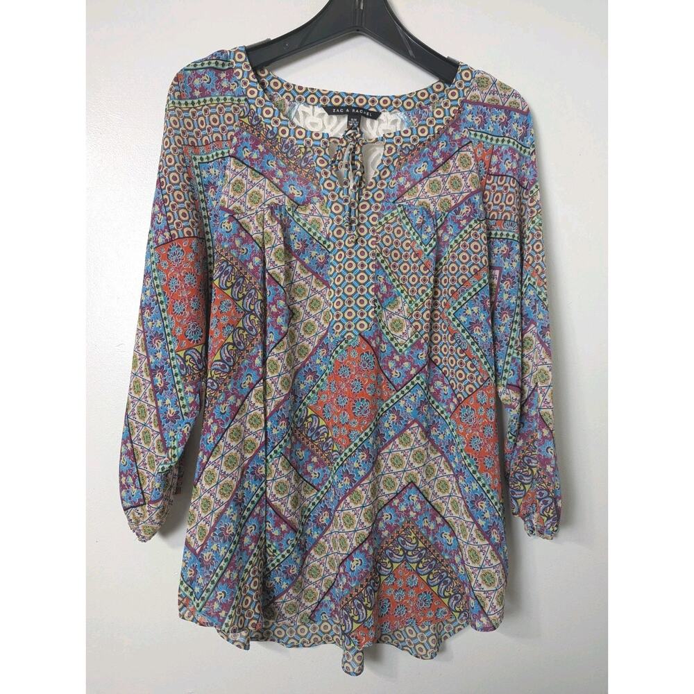 Zac & Rachel Size M Paisley Lace Accent Tie V-neck Blouse Shirt 3/4 Sleeve Boho